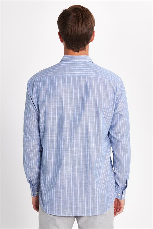Erkek Regular Fit Klasik Kesim Oversize Uzun Kollu %100 Pamuk Keten Doku Tek Cepli Çizgili Mavi Gömlek