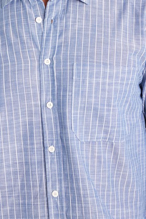 Erkek Regular Fit Klasik Kesim Oversize Uzun Kollu %100 Pamuk Keten Doku Tek Cepli Çizgili Mavi Gömlek
