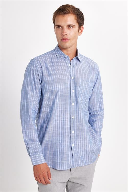 Erkek Regular Fit Klasik Kesim Oversize Uzun Kollu %100 Pamuk Keten Doku Tek Cepli Çizgili Mavi Gömlek