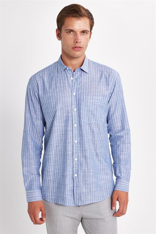 Erkek Regular Fit Klasik Kesim Oversize Uzun Kollu %100 Pamuk Keten Doku Tek Cepli Çizgili Mavi Gömlek