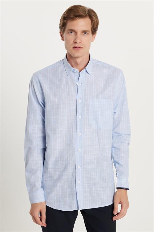 Erkek Regular Fit Klasik Kesim Oversize Uzun Kollu %100 Pamuk Keten Doku Tek Cepli Çizgili Mavi Gömlek
