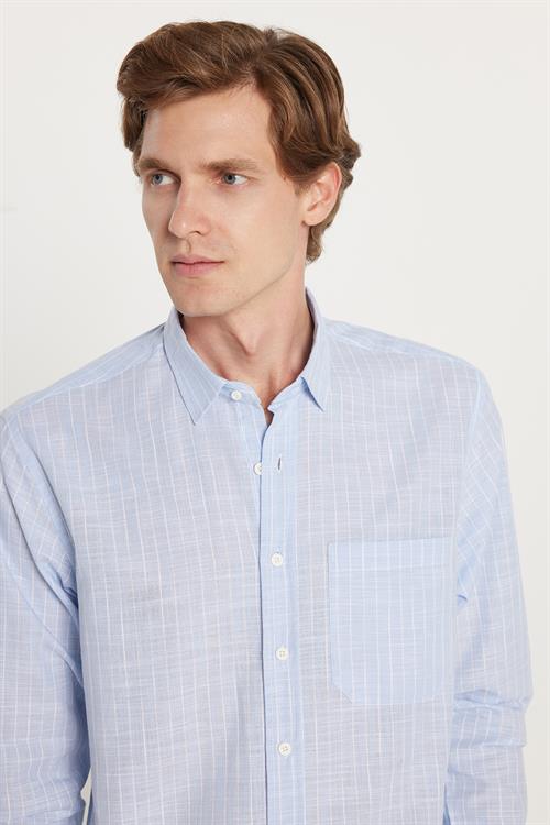 Erkek Regular Fit Klasik Kesim Oversize Uzun Kollu %100 Pamuk Keten Doku Tek Cepli Çizgili Mavi Gömlek