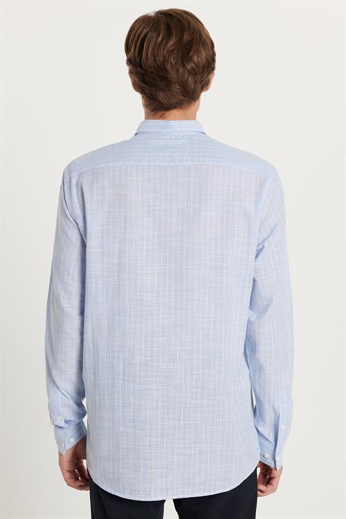 Erkek Regular Fit Klasik Kesim Oversize Uzun Kollu %100 Pamuk Keten Doku Tek Cepli Çizgili Mavi Gömlek