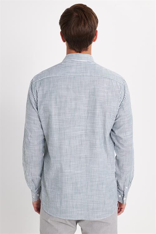 Erkek Regular Fit Klasik Kesim Oversize Uzun Kollu %100 Pamuk Keten Doku Tek Cepli Yeşil Çizgili Gömlek