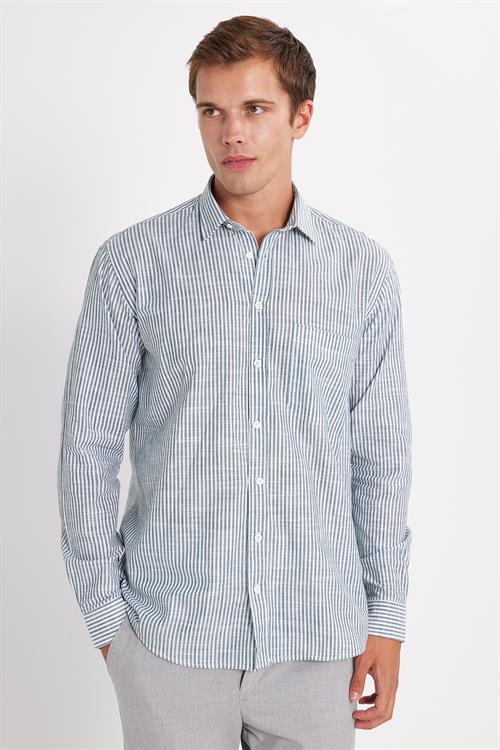 Erkek Regular Fit Klasik Kesim Oversize Uzun Kollu %100 Pamuk Keten Doku Tek Cepli Yeşil Çizgili Gömlek