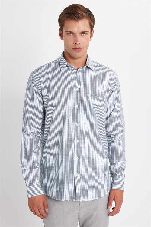 Erkek Regular Fit Klasik Kesim Oversize Uzun Kollu %100 Pamuk Keten Doku Tek Cepli Yeşil Çizgili Gömlek