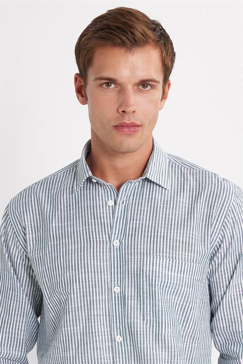 Erkek Regular Fit Klasik Kesim Oversize Uzun Kollu %100 Pamuk Keten Doku Tek Cepli Yeşil Çizgili Gömlek