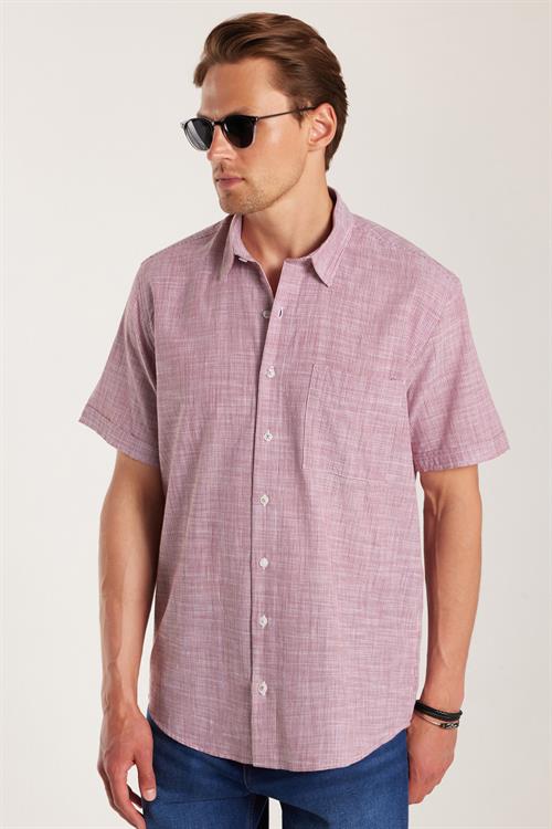 Erkek Regular Fit Klasik Kesim Oversize %100 Pamuk Kısa Kollu Keten Doku Tek Cepli Çizgili Bordo Gömlek