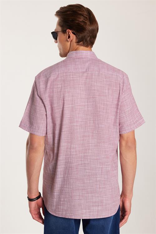 Erkek Regular Fit Klasik Kesim Oversize %100 Pamuk Kısa Kollu Keten Doku Tek Cepli Çizgili Bordo Gömlek