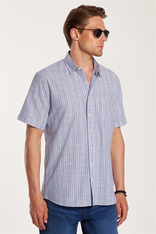 Erkek Regular Fit Klasik Kesim Oversize %100 Pamuk Kısa Kollu Keten Doku Tek Cepli Çizgili Lacivert Gömlek