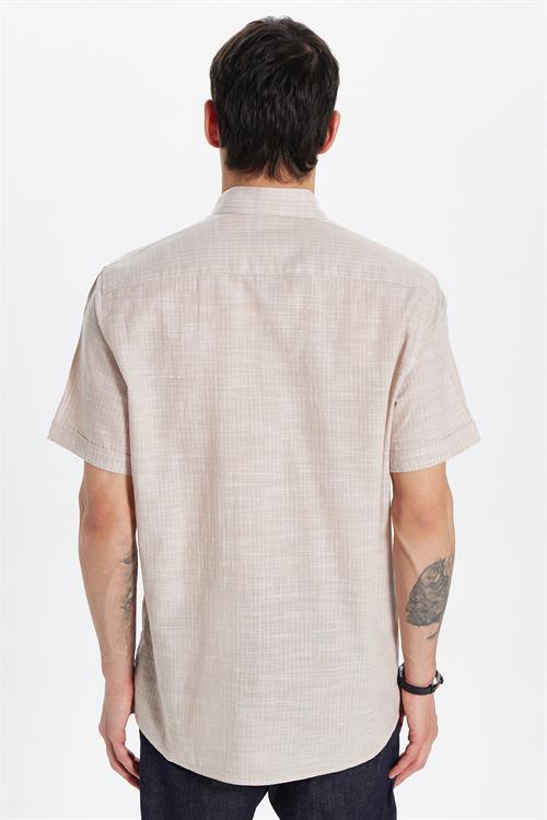 Erkek Regular Fit Klasik Kesim Oversize %100 Pamuk Kısa Kollu Keten Doku Tek Cep Çizgili Gömlek