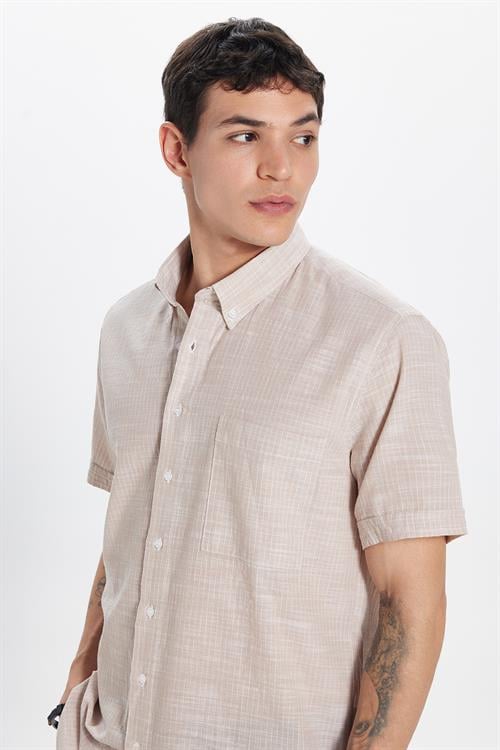 Erkek Regular Fit Klasik Kesim Oversize %100 Pamuk Kısa Kollu Keten Doku Tek Cep Çizgili Gömlek