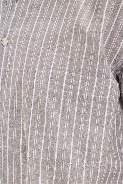 Erkek Regular Fit Klasik Kesim Oversize %100 Pamuk Kısa Kollu Keten Doku Tek Cep Çizgili Gömlek