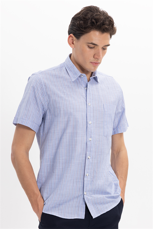 Erkek Regular Fit Klasik Kesim Oversize %100 Pamuk Keten Doku Tek Cepli Çizgili Kısa Kollu Mavi Gömlek