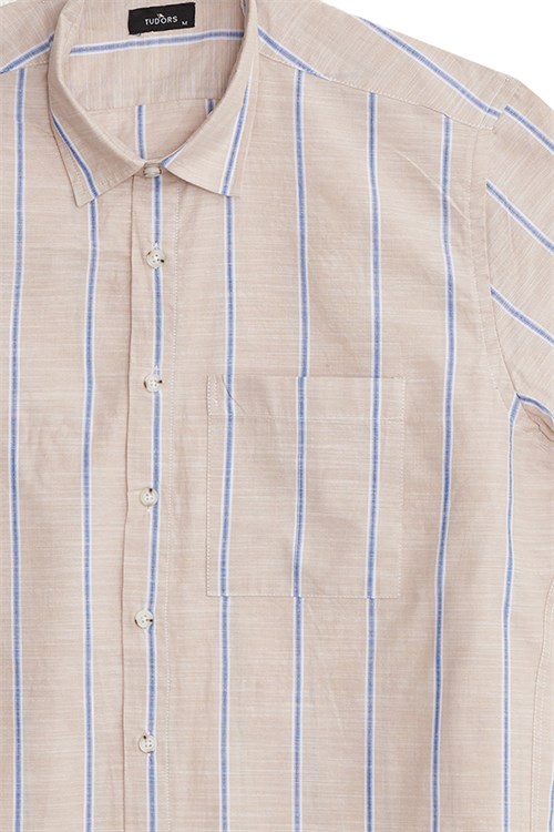 Erkek Regular Fit Klasik Kesim Oversize %100 Pamuk Keten Doku Tek Cepli Çizgili Kısa Kollu Bej Gömlek