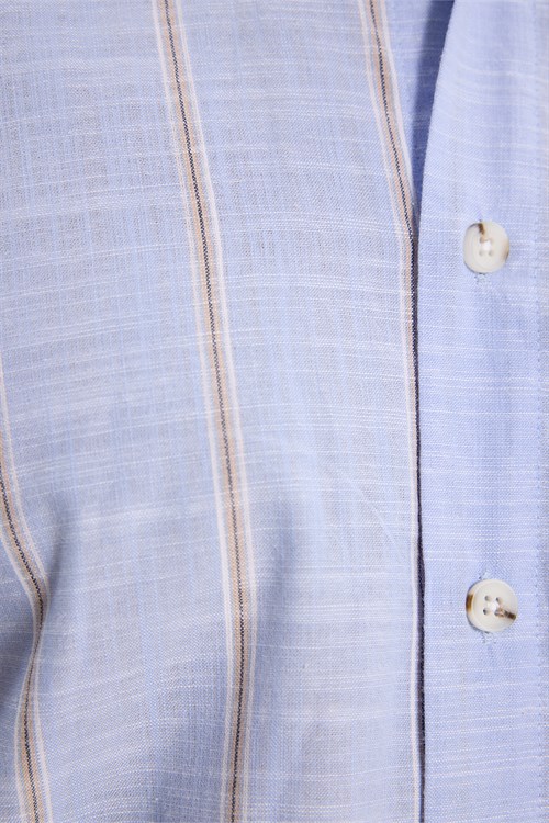 Erkek Regular Fit Klasik Kesim Oversize %100 Pamuk Keten Doku Tek Cepli Çizgili Kısa Kollu Mavi Gömlek