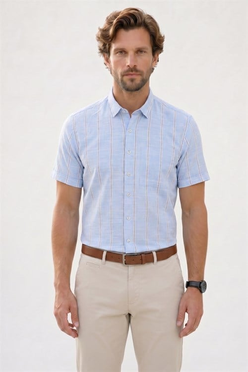 Erkek Regular Fit Klasik Kesim Oversize %100 Pamuk Keten Doku Tek Cepli Çizgili Kısa Kollu Mavi Gömlek
