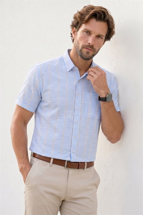 Erkek Regular Fit Klasik Kesim Oversize %100 Pamuk Keten Doku Tek Cepli Çizgili Kısa Kollu Mavi Gömlek