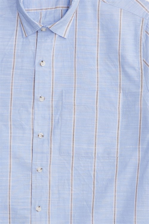 Erkek Regular Fit Klasik Kesim Oversize %100 Pamuk Keten Doku Tek Cepli Çizgili Kısa Kollu Mavi Gömlek