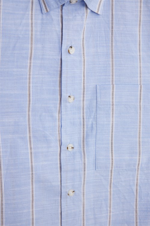 Erkek Regular Fit Klasik Kesim Oversize %100 Pamuk Keten Doku Tek Cepli Çizgili Kısa Kollu Mavi Gömlek