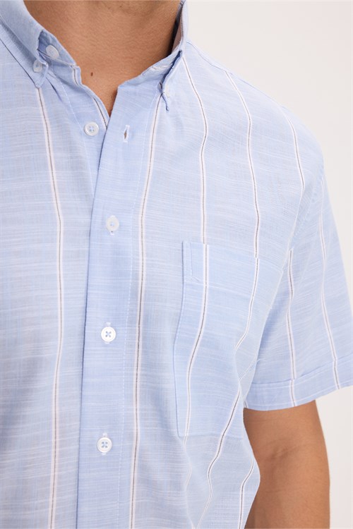 Erkek Regular Fit Klasik Kesim Oversize %100 Pamuk Keten Doku Tek Cepli Çizgili Kısa Kollu Mavi Gömlek