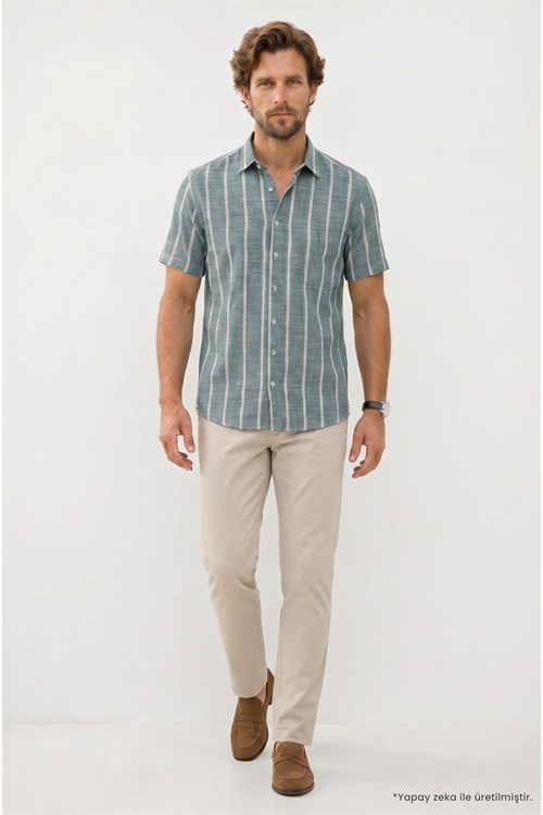 Erkek Regular Fit Klasik Kesim Oversize %100 Pamuk Tek Cepli Çizgili Kısa Kollu Koyu Yeşil Gömlek