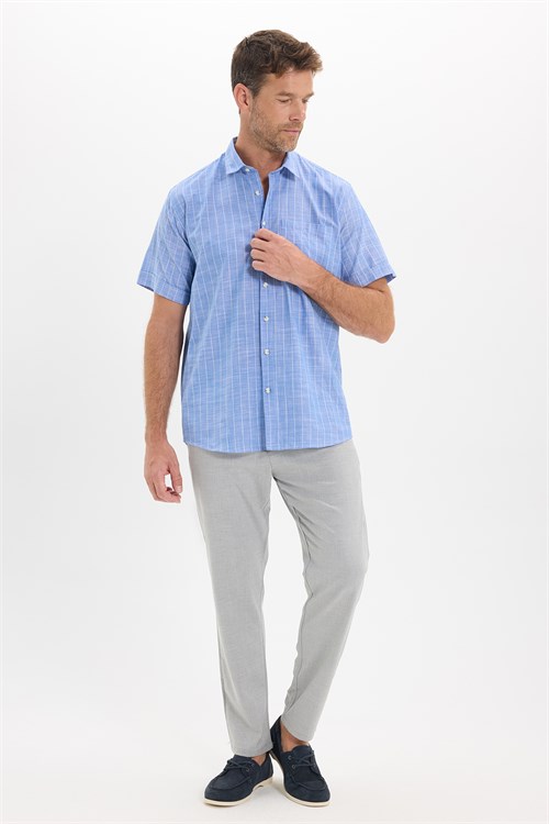 Erkek Regular Fit Klasik Kesim Oversize %100 Pamuk Keten Doku Tek Cepli Çizgili Kısa Kollu Saks Mavi Gömlek