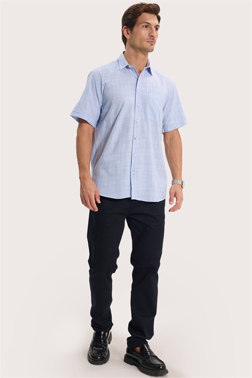 Erkek Regular Fit Klasik Kesim Oversize %100 Pamuk Keten Doku Tek Cepli Çizgili Kısa Kollu Mavi Gömlek