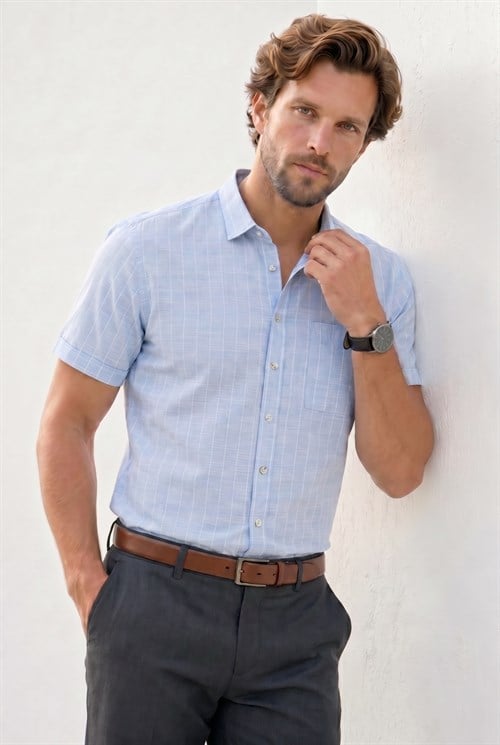 Erkek Regular Fit Klasik Kesim Oversize %100 Pamuk Keten Doku Tek Cepli Çizgili Kısa Kollu Mavi Gömlek