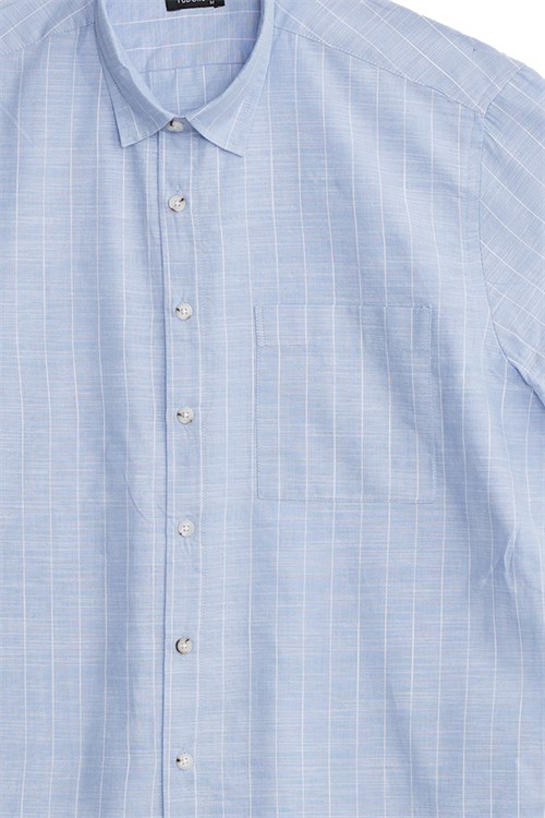 Erkek Regular Fit Klasik Kesim Oversize %100 Pamuk Keten Doku Tek Cepli Çizgili Kısa Kollu Mavi Gömlek