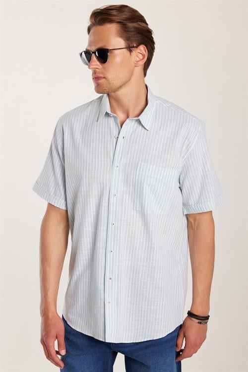 Erkek Regular Fit Klasik Kesim Oversize %100 Pamuk Kısa Kollu Keten Doku Tek Cepli Çizgili Yeşil Gömlek