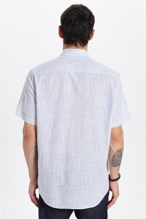 Erkek Regular Fit Klasik Kesim Oversize %100 Pamuk Kısa Kollu Keten Doku Tek Cep Çizgili Gömlek