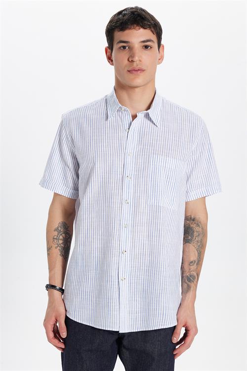 Erkek Regular Fit Klasik Kesim Oversize %100 Pamuk Kısa Kollu Keten Doku Tek Cep Çizgili Gömlek