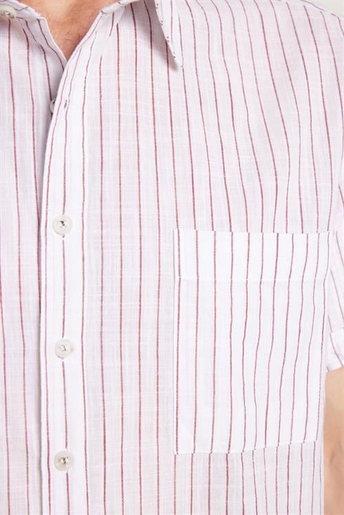 Erkek Regular Fit Klasik Kesim Oversize %100 Pamuk Kısa Kollu Keten Doku Tek Cep Çizgili Gömlek