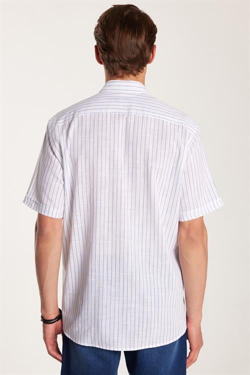 Erkek Regular Fit Klasik Kesim Oversize %100 Pamuk Kısa Kollu Keten Doku Tek Cep Çizgili Gömlek