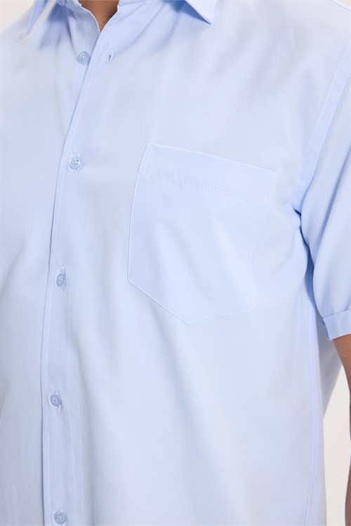 Erkek Regular Fit Klasik Kesim Pamuklu Kısa Kollu Armürlü Mavi Gömlek