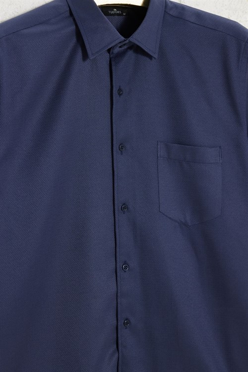 Erkek Regular Fit Klasik Kesim Pamuklu Kısa Kollu Armürlü Lacivert Gömlek