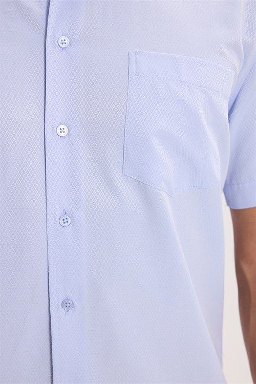 Erkek Regular Fit Klasik Kesim Pamuklu Kısa Kollu Armürlü Mavi Gömlek