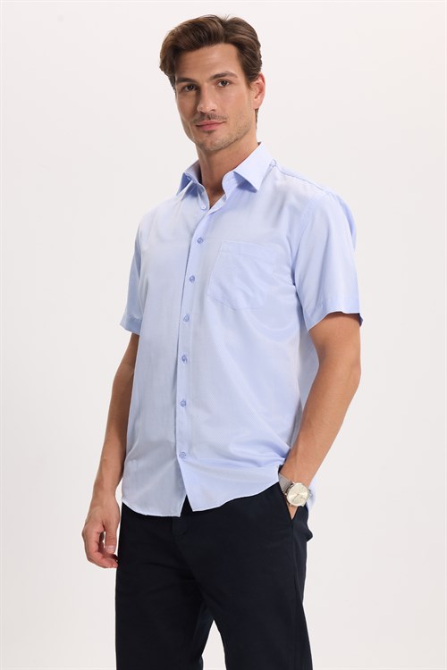 Erkek Regular Fit Klasik Kesim Pamuklu Kısa Kollu Armürlü Mavi Gömlek