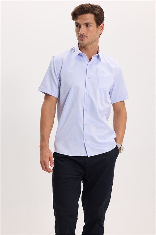 Erkek Regular Fit Klasik Kesim Pamuklu Kısa Kollu Armürlü Mavi Gömlek