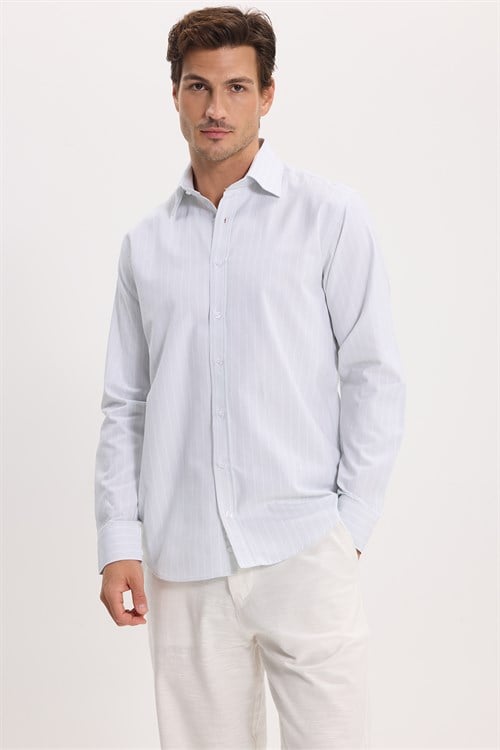Erkek Regular Fit Rahat Kesim %100 Pamuk Premium Uzun Kollu Mint Çizgili Gömlek