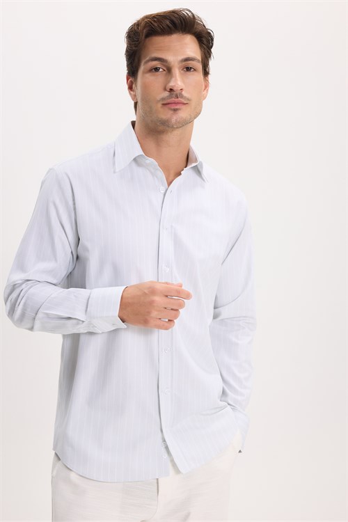 Erkek Regular Fit Rahat Kesim %100 Pamuk Premium Uzun Kollu Mint Çizgili Gömlek
