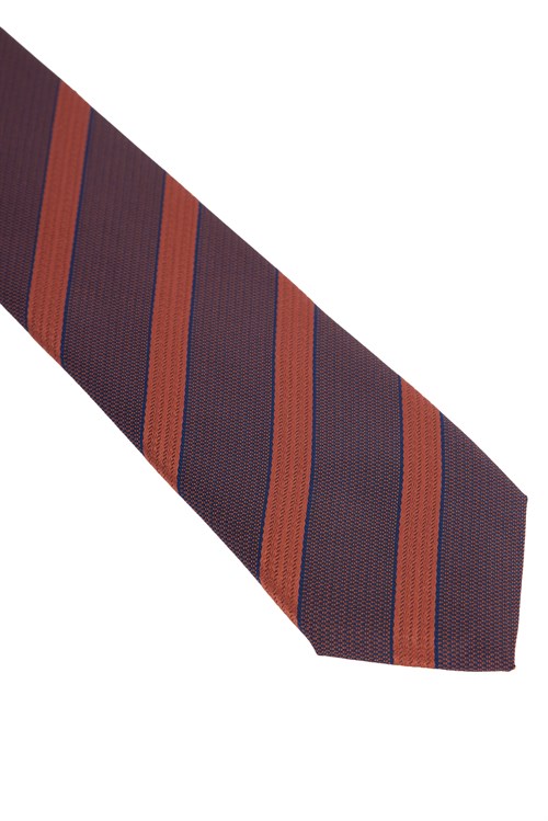 Turuncu Çizgili Cep Mendilli Klasik Kravat