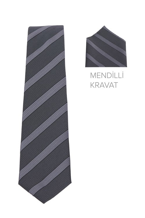 Erkek Premium Dokuma Gri Çizgili Yaka Mendilli Kravat