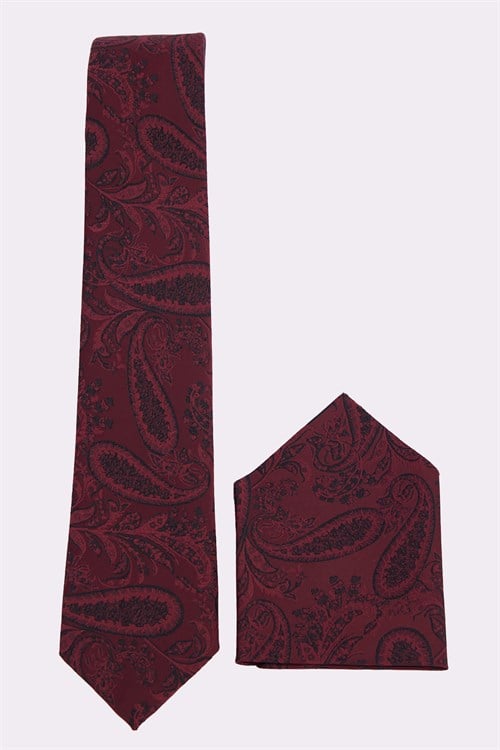 Bordo Desenli Cep Mendilli Klasik Kravat