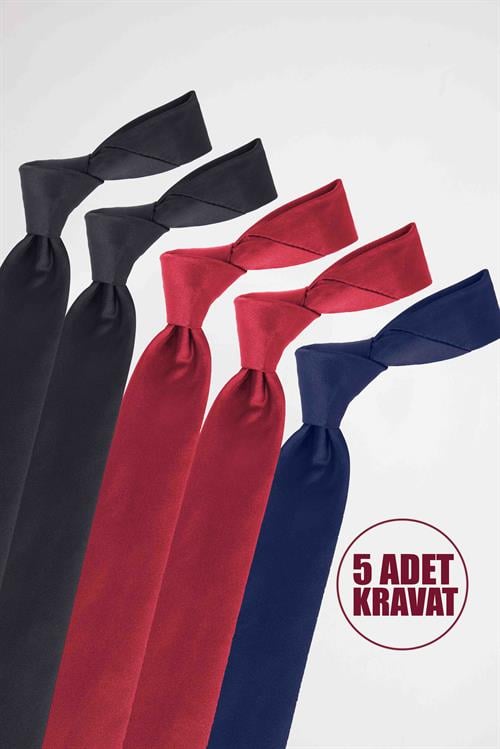 5li Paket Düz Klasik Cep Mendilli Siyah-Bordo-Lacivert Erkek Kravat