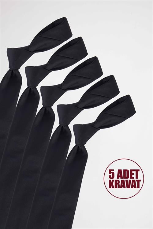 5li Paket Düz İnce Siyah Erkek Kravat