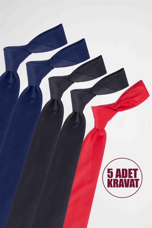 5li Paket Düz İnce Lacivert-Siyah-Kırmızı Erkek Kravat