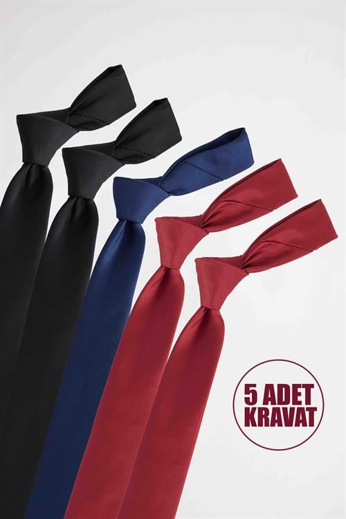 5li Paket Düz İnce Siyah-Lacivert-Bordo Erkek Kravat