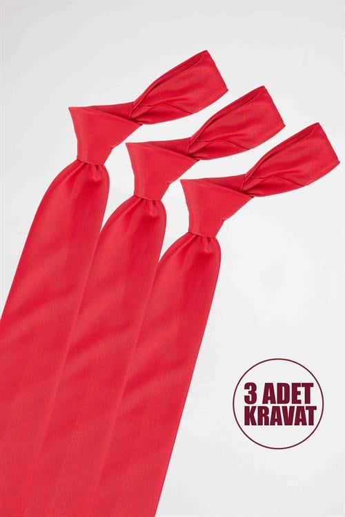 3lü Paket Düz Klasik Cep Mendilli Kırmızı Erkek Kravat